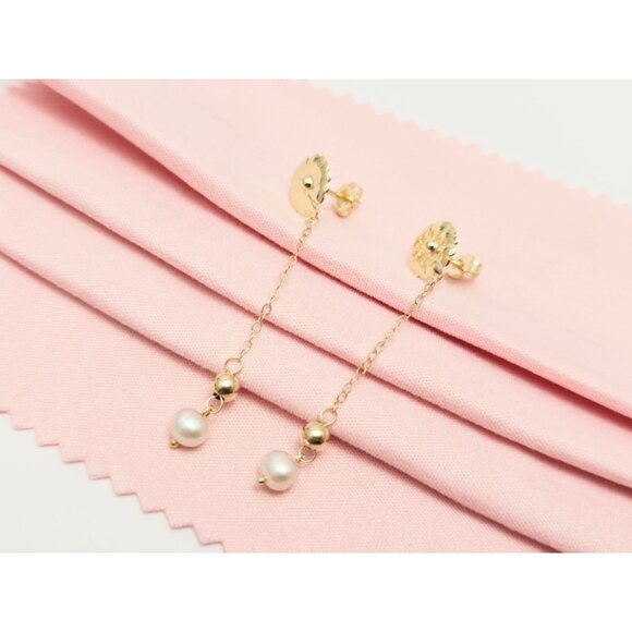 Unique 14K Solid Yellow Gold Designer Drop Dangle Bead Ball Pearl Stud Earrings